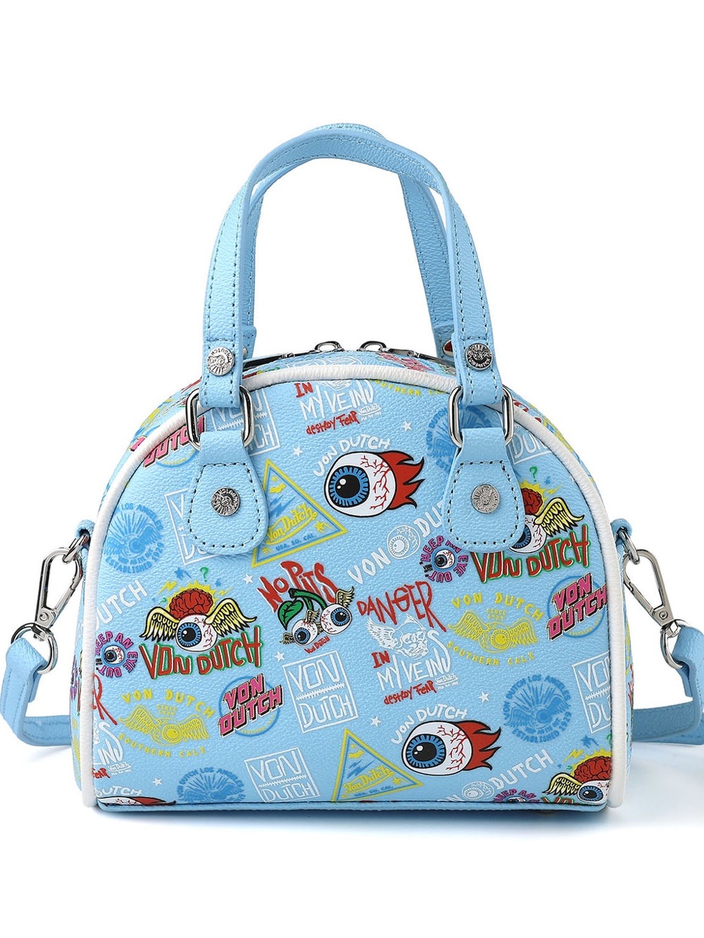Von Dutch Light Blue Dome Satchel with Multicolor Logo Print